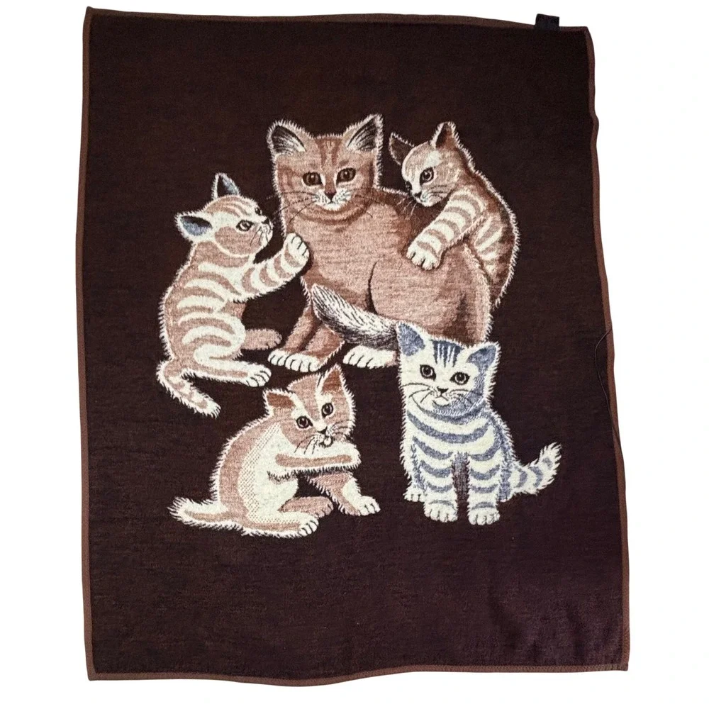 Vintage Biederlack Blanket Cats Kittens Reversible Plush West Germany 72